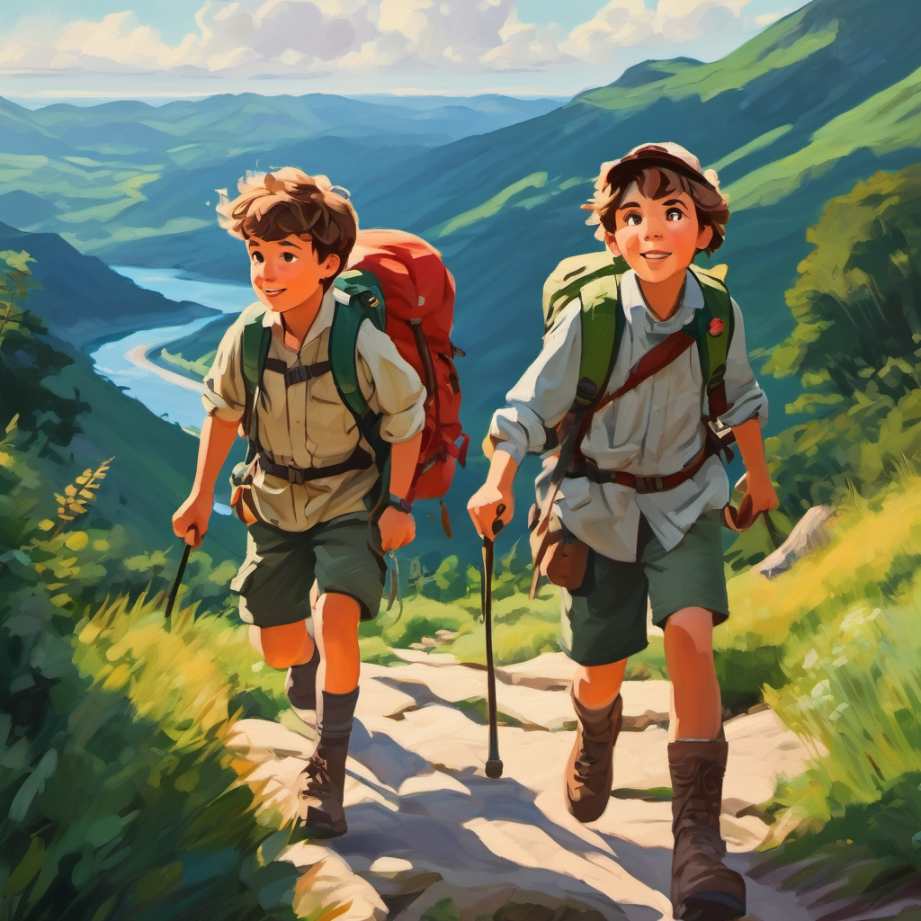 The The Hill Boys - adventurous, brave, wearing hiking gear and Girl with their backpacks
