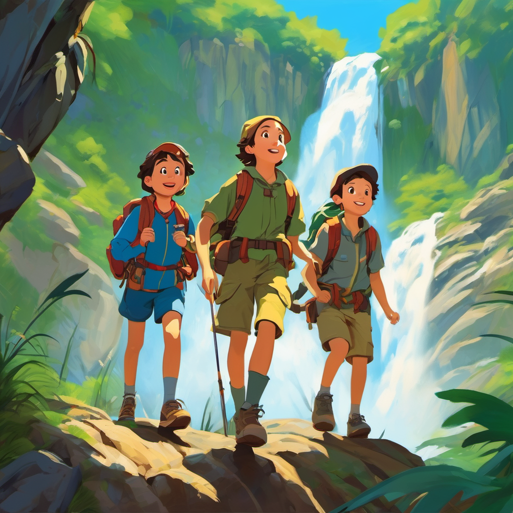 The The Hill Boys - adventurous, brave, wearing hiking gear and Girl enjoying the waterfall