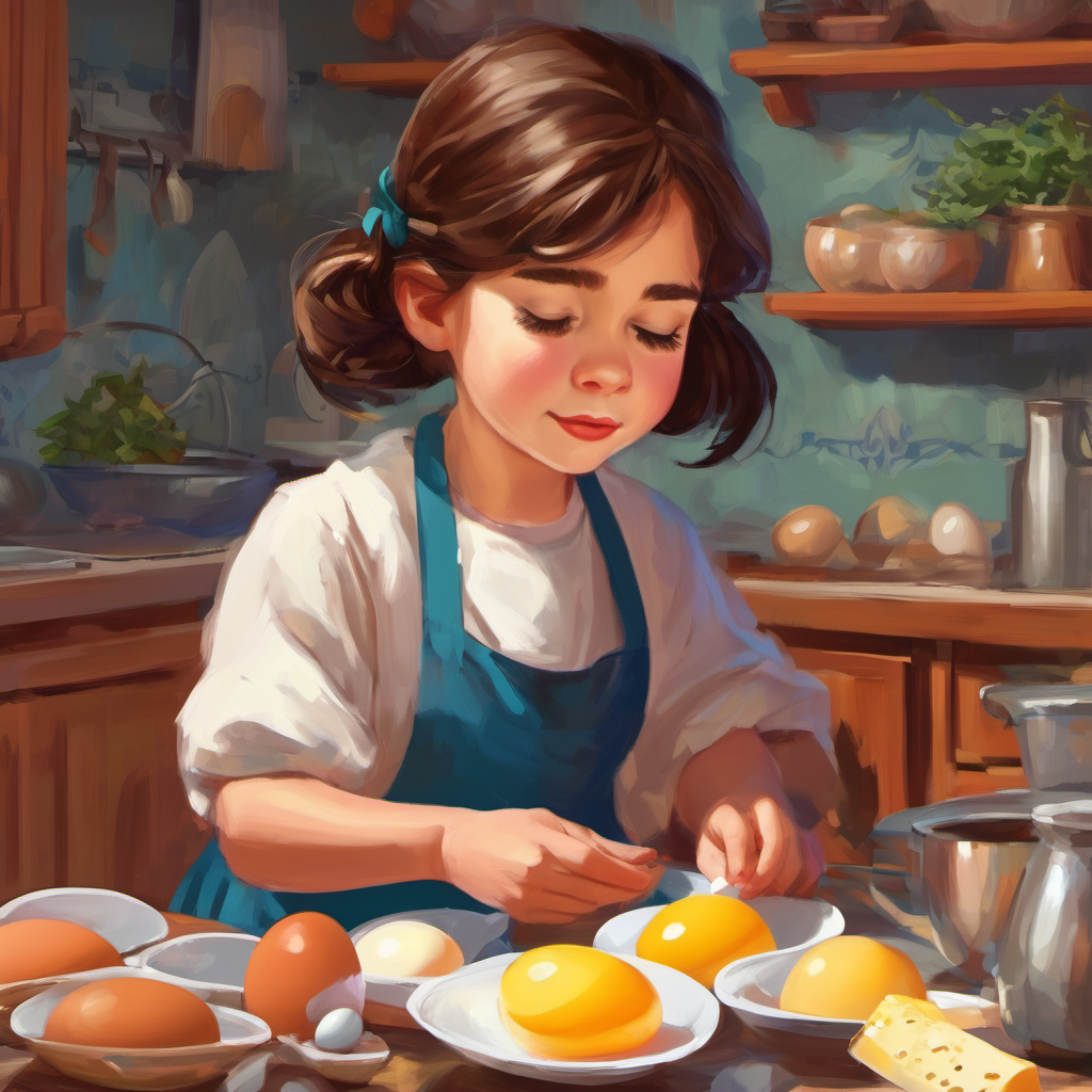 As they gathered the eggs, cheese, and other ingredients, Caiden realized that some of the words her mom was using were new to her. But she didn't want to admit it, thinking that asking for help meant she wasn't good enough. So, she decided to figure it out by herself. When it was time to crack the eggs, Caiden tried her best to imitate her mom. But oh dear, tiny bits of eggshell fell into the bowl. Caiden's face turned red with frustration, and she felt her eyes welling up.