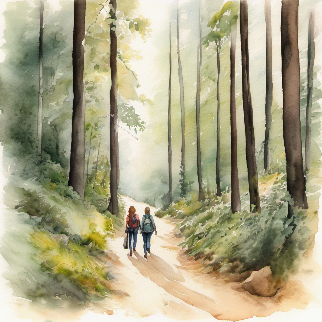 Two friends walking through a forest