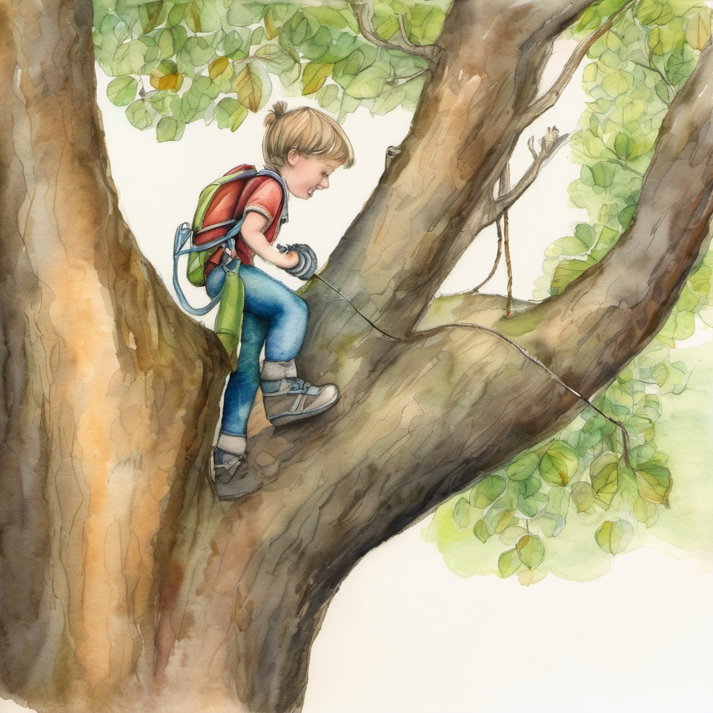 One friend climbing a tall tree to hide