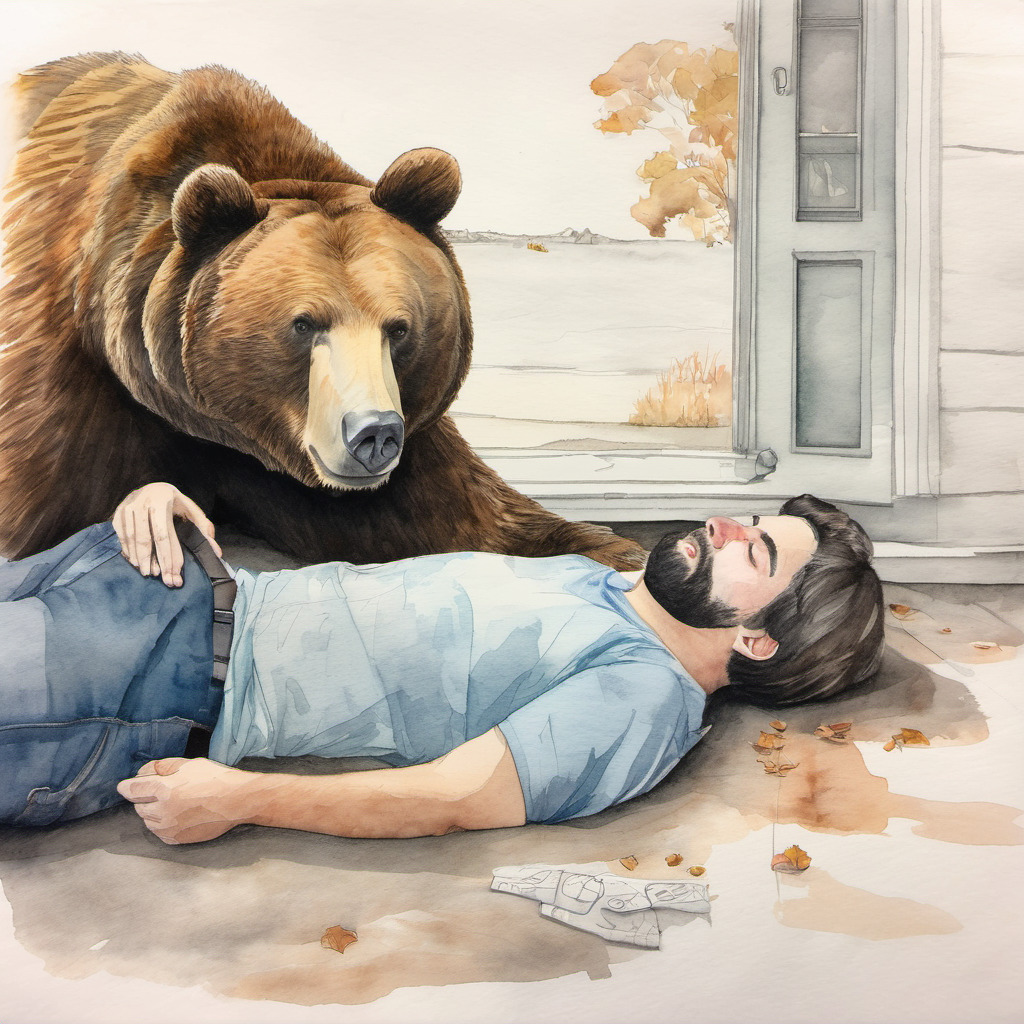 One friend pretending to be dead in front of the bear