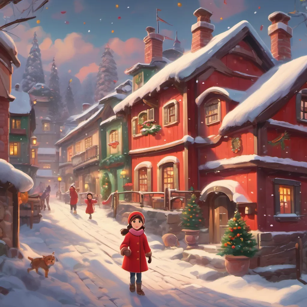 A whimsical village covered in snow, with children playing and A young girl with big, bright eyes, full of excitement for Christmas, wearing a bright red coat and matching mittens waiting excitedly.