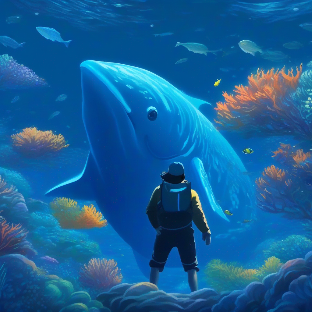 Deep blue ocean with Gentle giant with a blue-gray color and a captivating song swimming alone