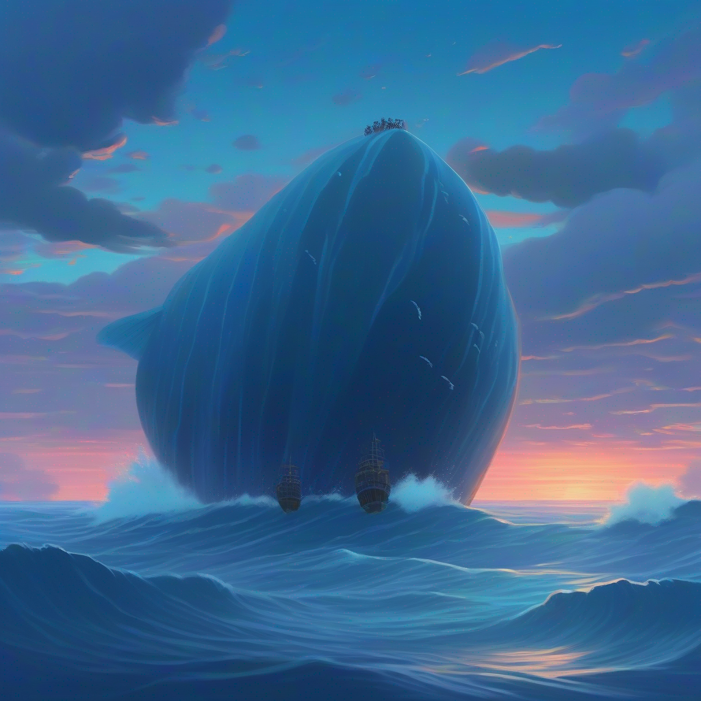 Dusk in the ocean with Gentle giant with a blue-gray color and a captivating song following a faint sound