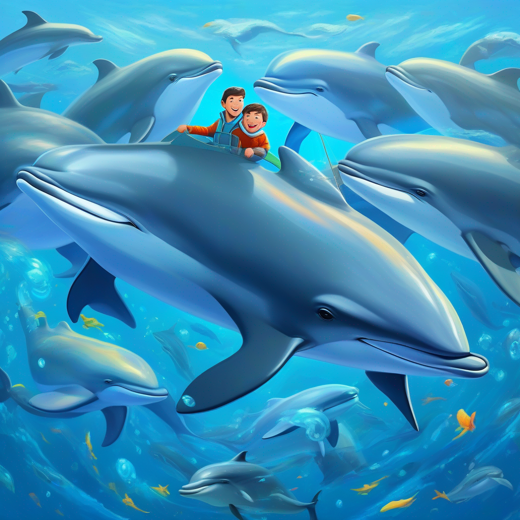 Gentle giant with a blue-gray color and a captivating song surrounded by a pod of friendly dolphins