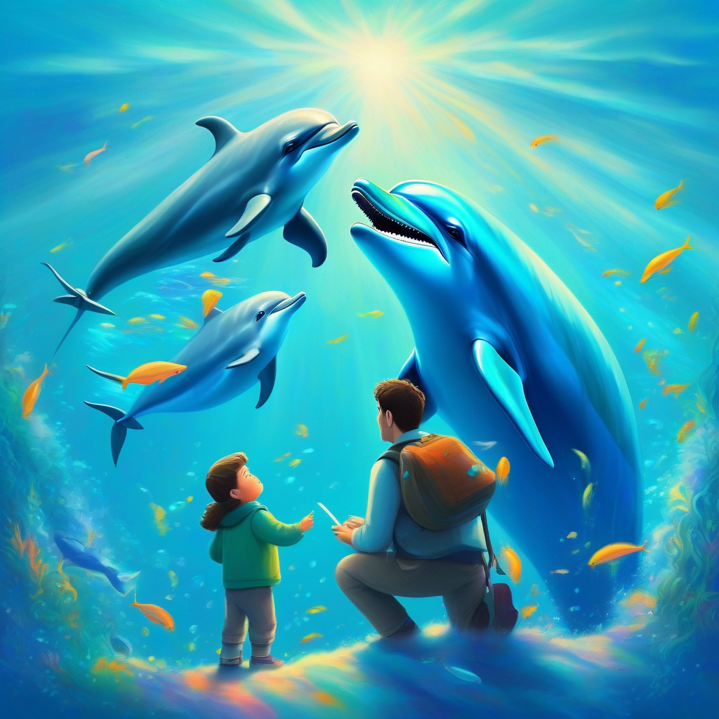 Dolphins and Gentle giant with a blue-gray color and a captivating song creating beautiful music together