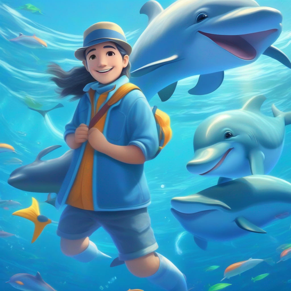 Gentle giant with a blue-gray color and a captivating song happily swimming with the Sociable and friendly dolphins with playful expressions