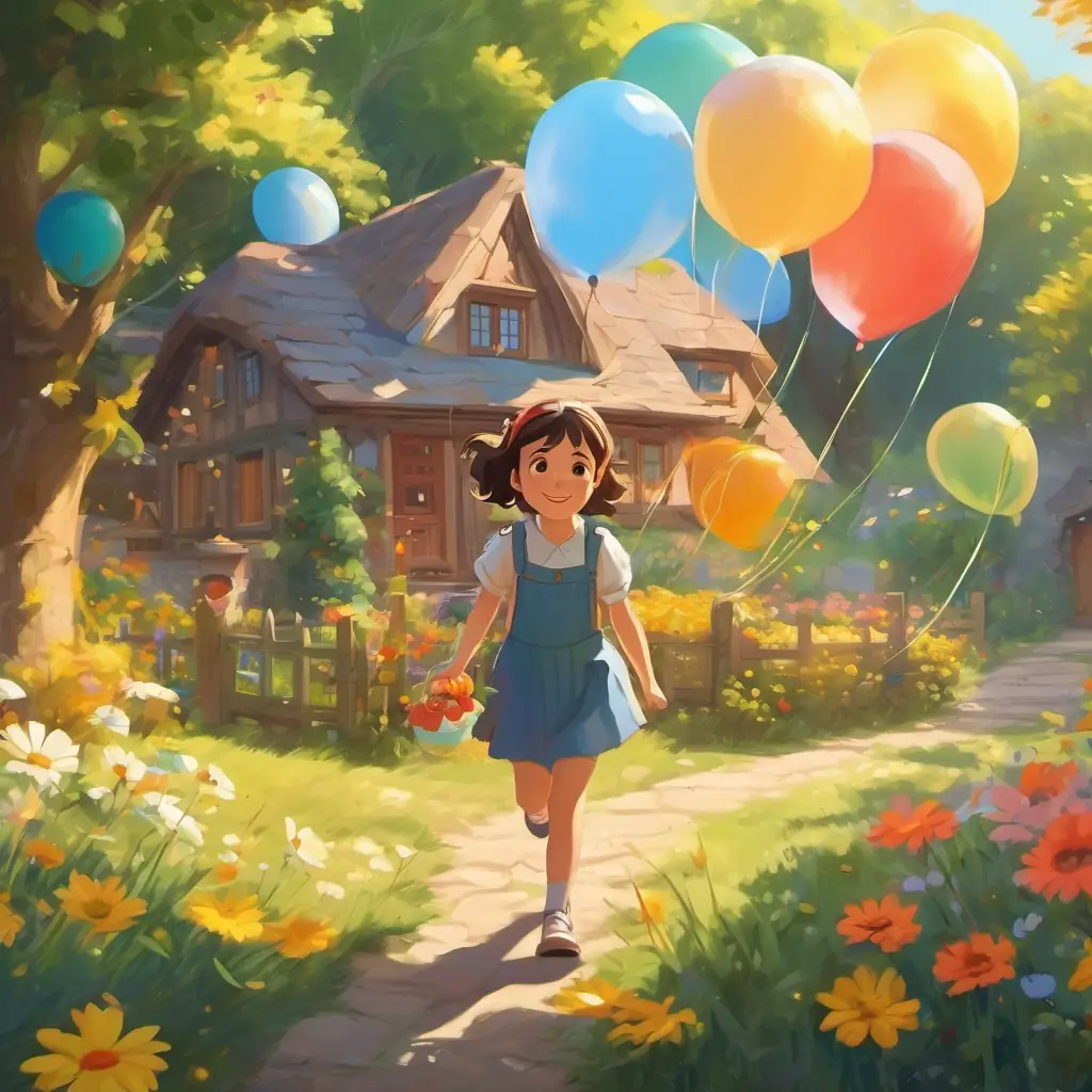 Samantha is at home with her parents, the sun is shining, and there are colorful balloons, daisies, and fun decorations all around