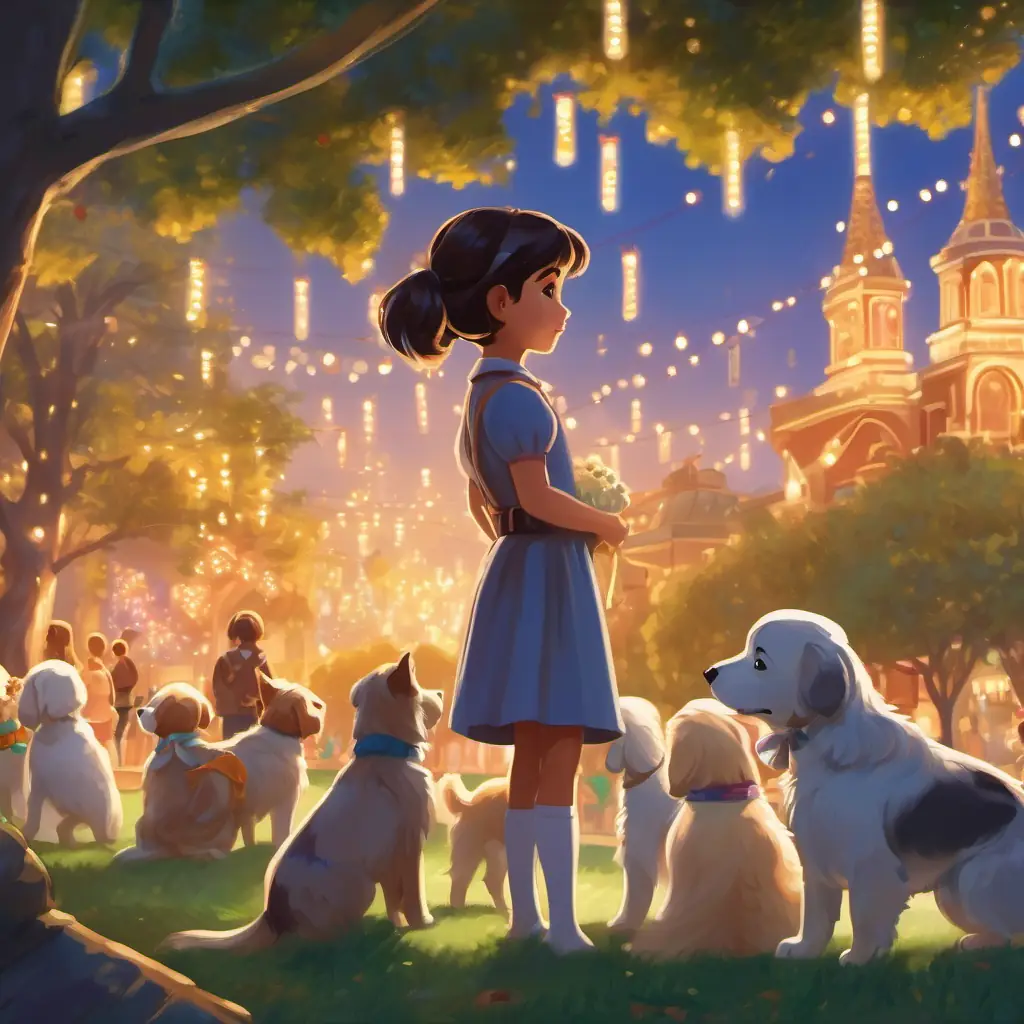 Samantha is at the park, watching a parade of puppies with sparkly streamers on their tails