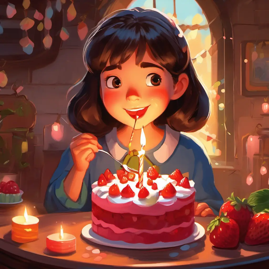 Samantha is eating her strawberry birthday cake while the candles crackle and crinkle