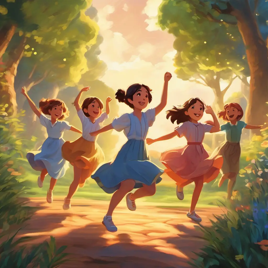 Samantha is dancing with her friends to lively music while clapping and cheering