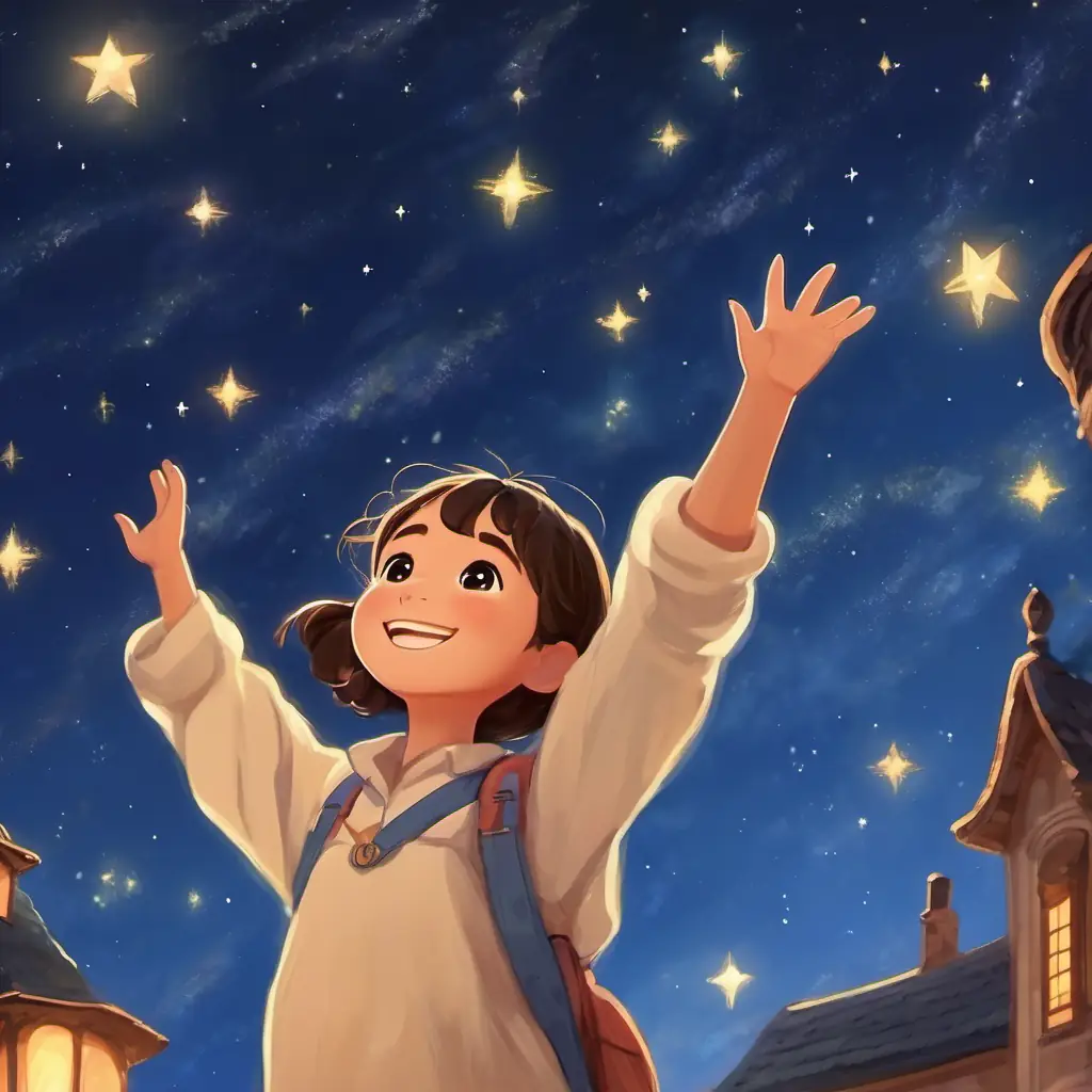 Samantha is waving goodbye under the starry sky with a big smile