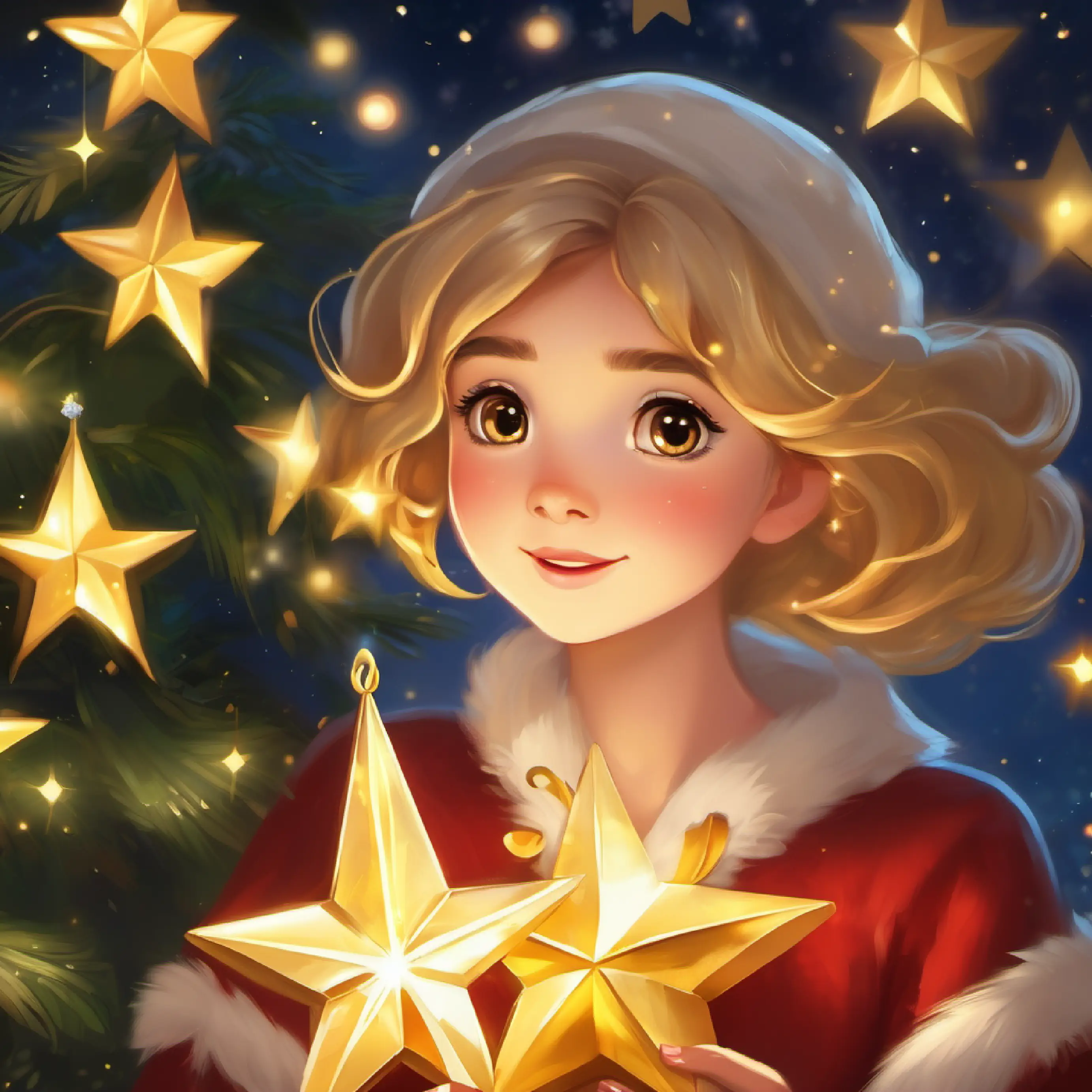 Small, golden star with a twinkle in her eye feeling proud yet humble, understanding the true magic of spreading love through her light.