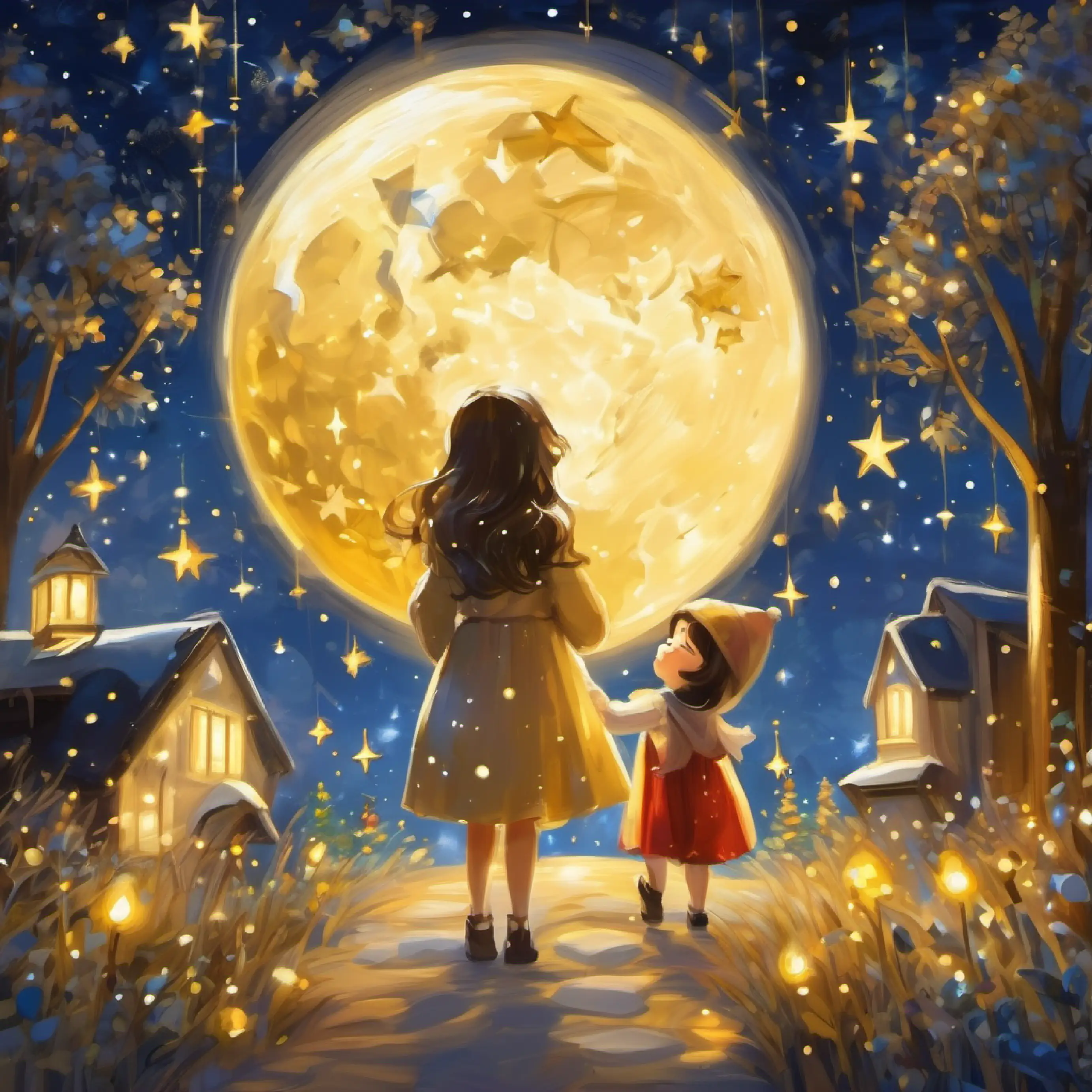 Celebration of Small, golden star with a twinkle in her eye's glowing heart by the stars, the moon, and the sky, creating a symphony of happiness.