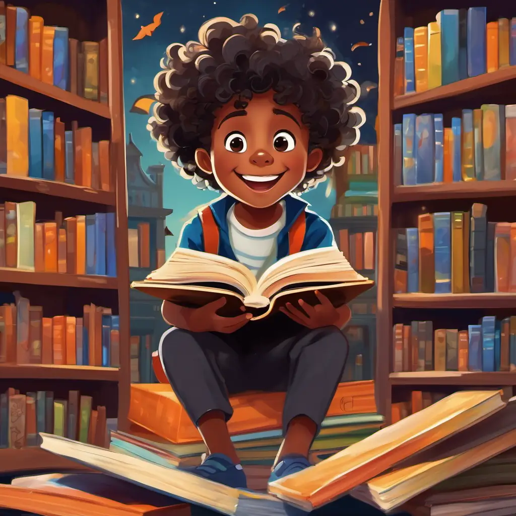 5-year-old black boy with curly hair and a big smile is surprised to see scattered books and messy shelves in the library.