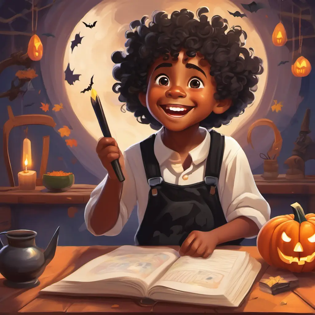 5-year-old black boy with curly hair and a big smile remains calm and confident, ready to solve the problem.