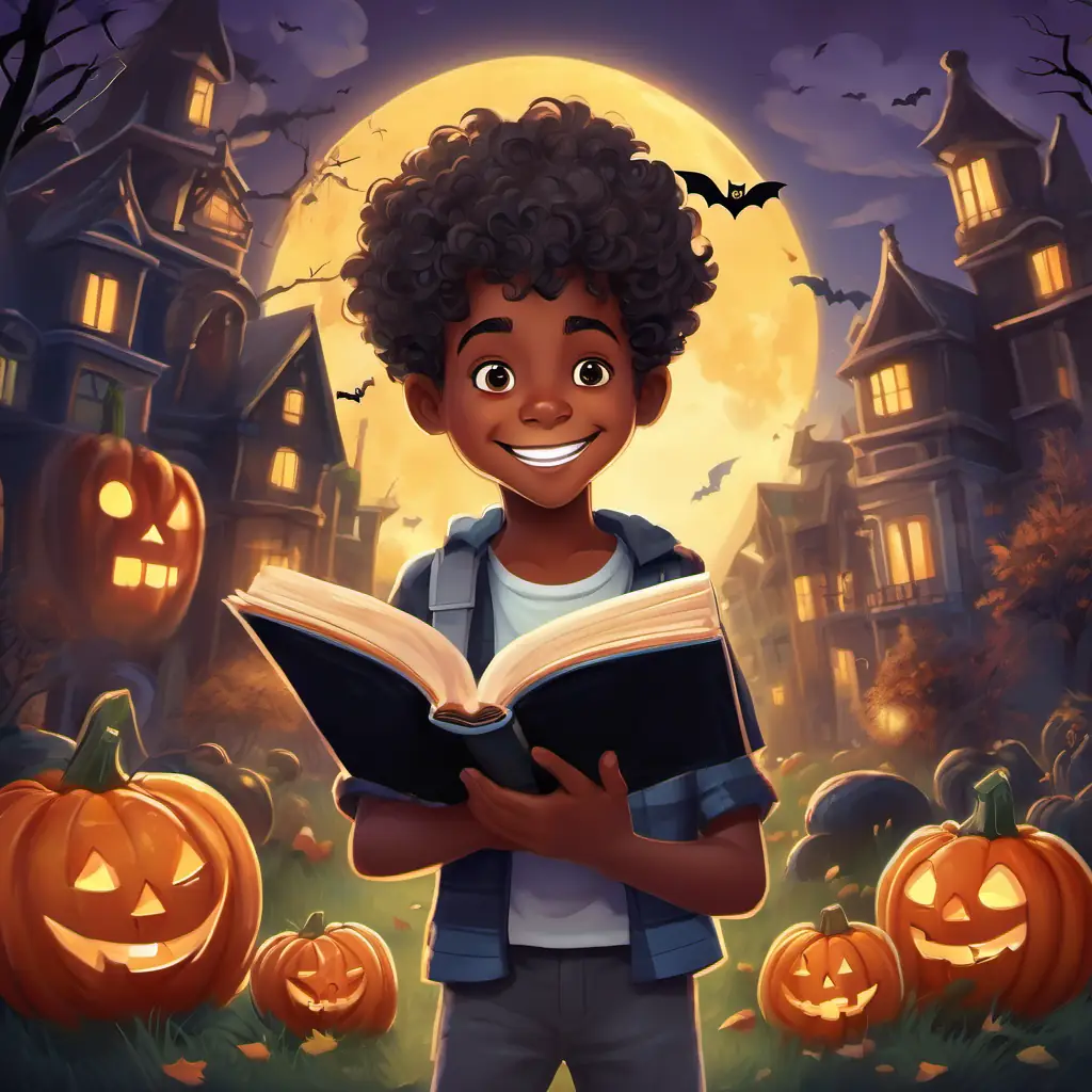 5-year-old black boy with curly hair and a big smile uses his knowledge and finds a book about friendly zombies.