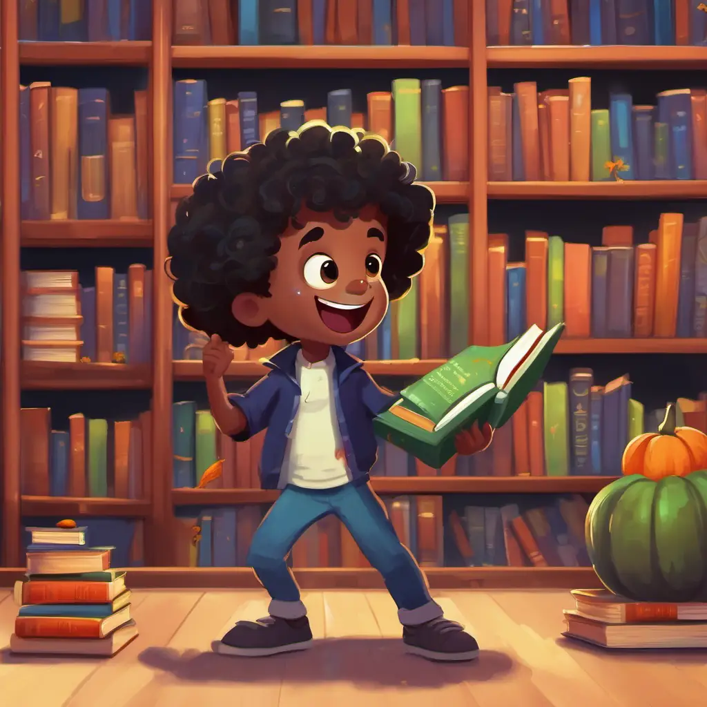 The zombies change their behavior and help 5-year-old black boy with curly hair and a big smile put the books back on the shelves.