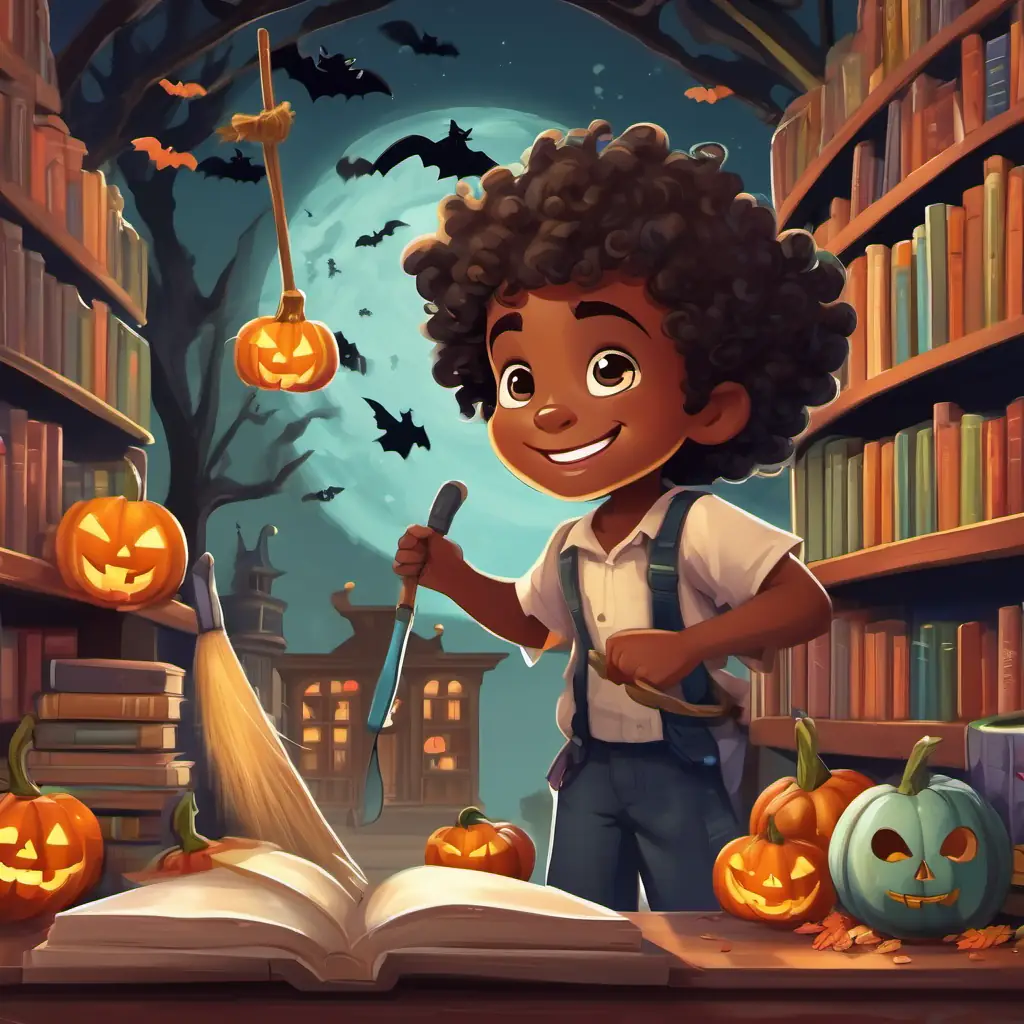 5-year-old black boy with curly hair and a big smile and the friendly zombies enjoy cleaning and organizing the library.