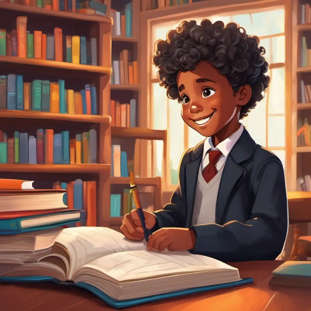 5-year-old black boy with curly hair and a big smile's teacher admires the clean and organized library and praises his problem-solving skills and bravery.