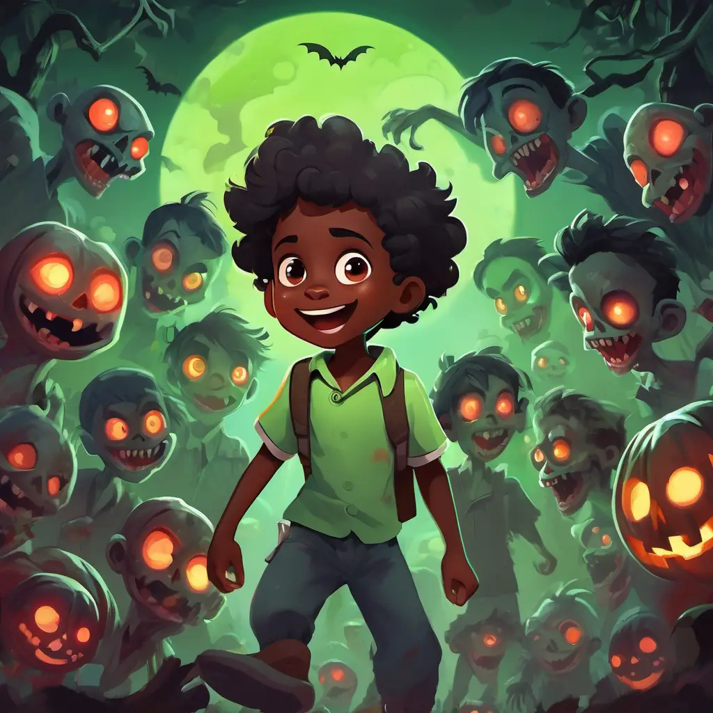 5-year-old black boy with big dark eyes and a big smile discovers a group of zombies with pale green skin and glowing red eyes.