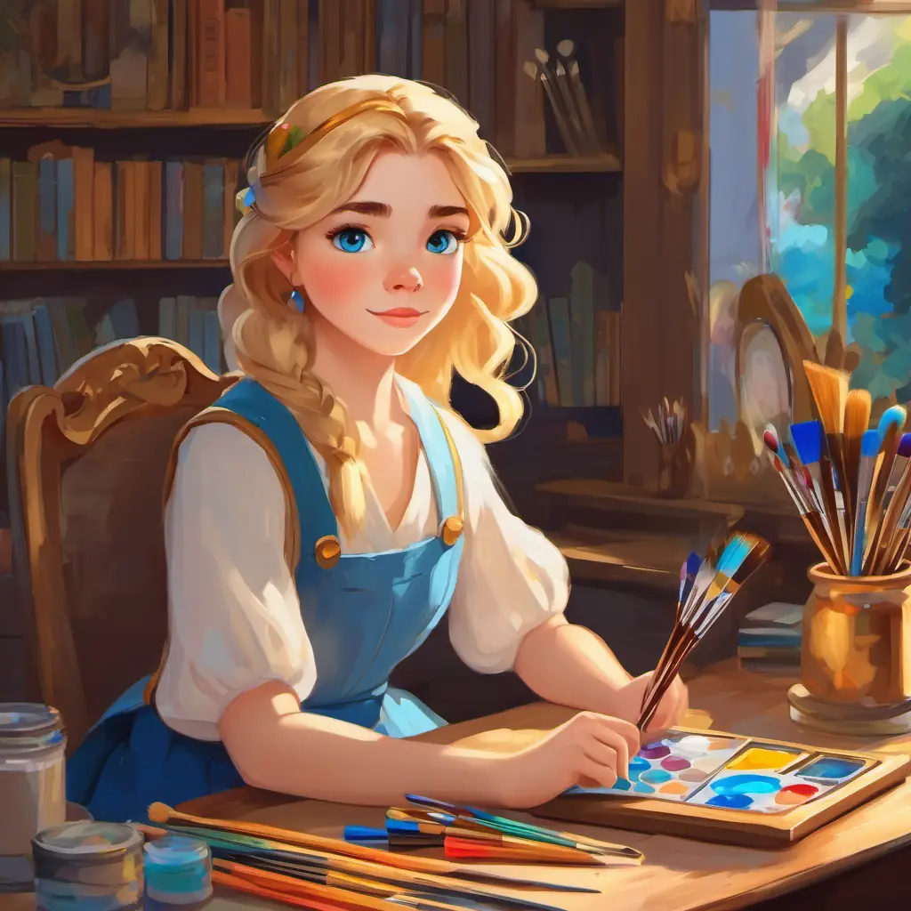 Little Luīze has fair skin, sparkling blue eyes, and golden hair sitting at her desk with colorful paintbrushes and a palette in front of her.