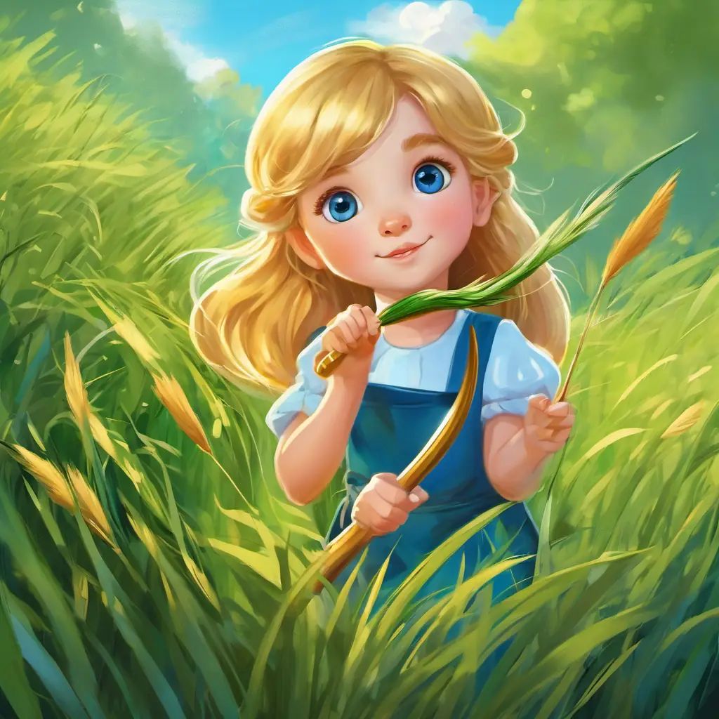 Little Luīze has fair skin, sparkling blue eyes, and golden hair holding a green paintbrush and painting grass. The blue paintbrush is waiting for her to pick up.