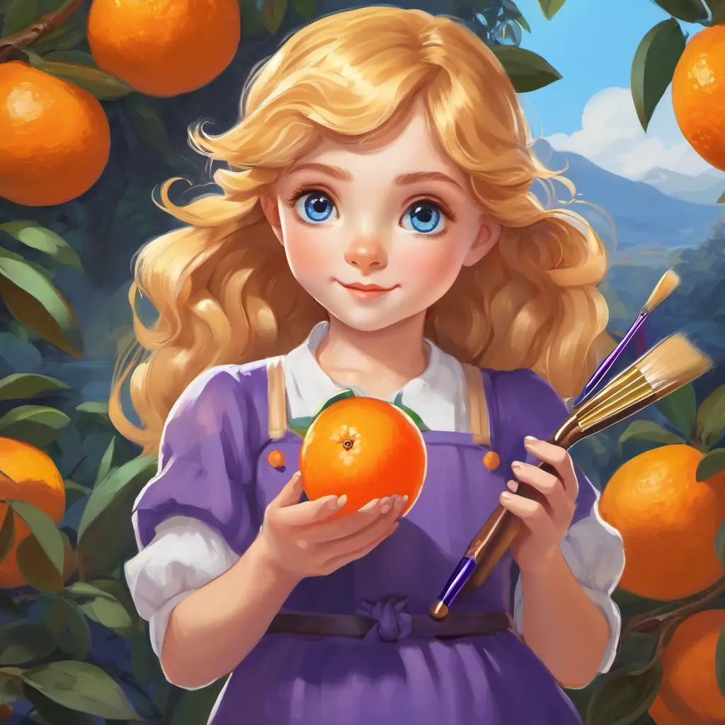 Little Luīze has fair skin, sparkling blue eyes, and golden hair holding an orange paintbrush and painting an orange fruit. A purple paintbrush is ready to be used.