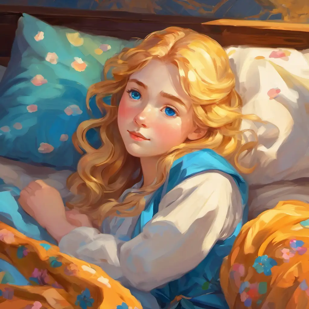 Little Luīze has fair skin, sparkling blue eyes, and golden hair asleep in her bed while hugging her colorful painting.