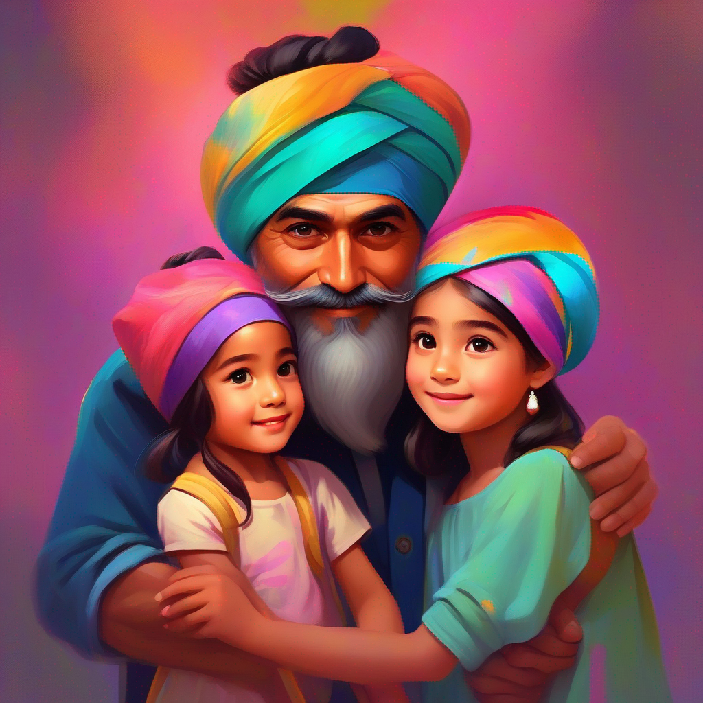 Loving father with a bold heart, wearing a colorful turban and his daughters Courageous older daughter with sparkling eyes and a determined expression and Adorable younger daughter with a mischievous smile and a curious nature