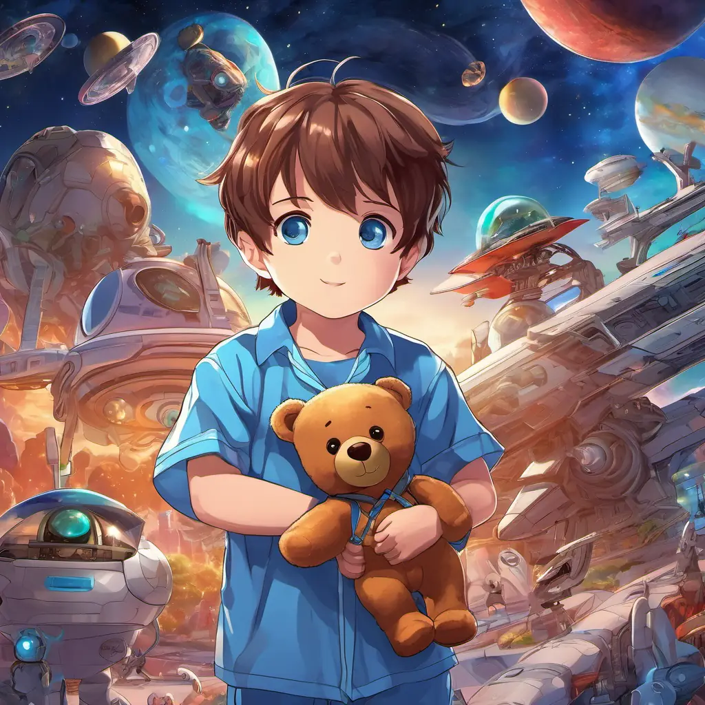 Curious little boy with brown hair and blue eyes in pajamas, holding teddy bear, spaceship and alien outside