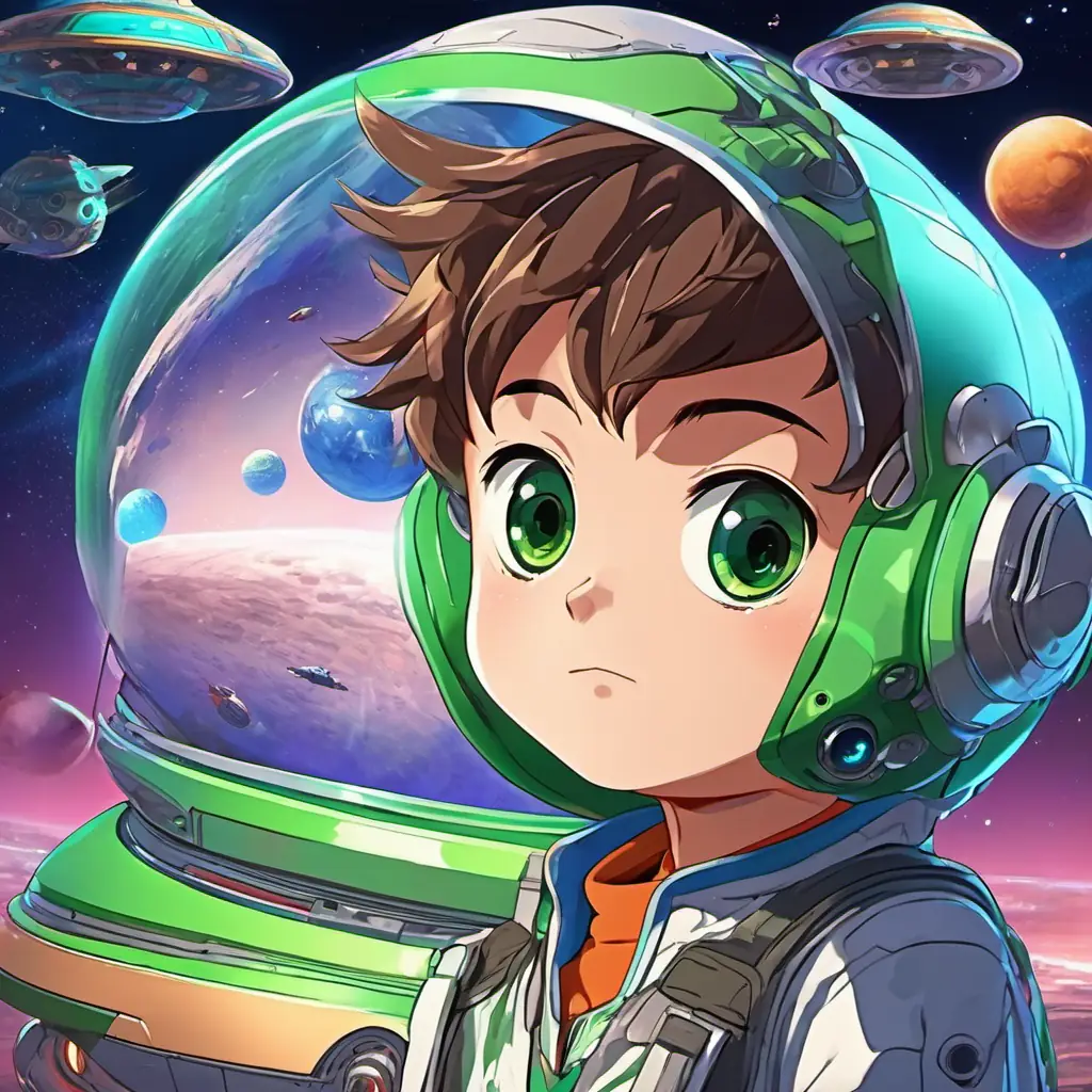 Curious little boy with brown hair and blue eyes and Friendly alien with green skin and big, round eyes talking, spaceship in the background