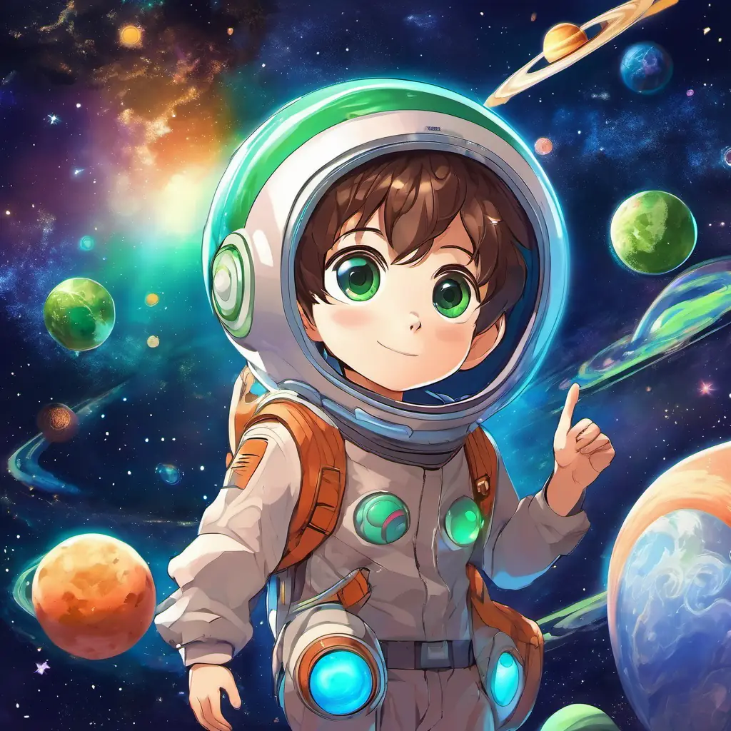 Curious little boy with brown hair and blue eyes and Friendly alien with green skin and big, round eyes flying through space, planets and stars around them