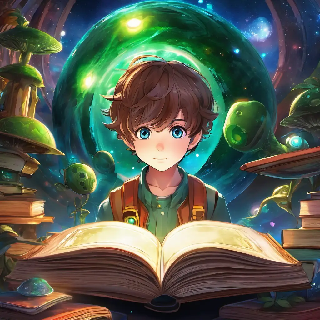Curious little boy with brown hair and blue eyes and Friendly alien with green skin and big, round eyes at the center of the universe, magical book