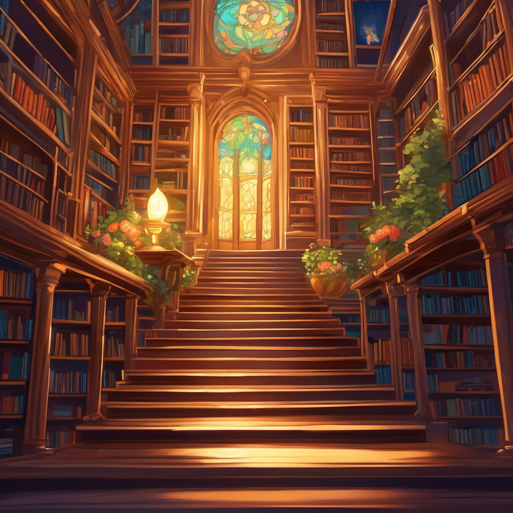 As she descended the staircase, the air around Lily began to shimmer with the whispers of forgotten tales and ancient wisdom. When she reached the bottom, she found herself standing in a magical library, much different from the one she knew. This library was bathed in the soft glow of enchanting candlelight. The books on the shelves seemed alive, glowing with colors and characters that danced off the pages. Lily's eyes widened with wonder, for everything around her seemed to come alive in a beautiful symphony of magic.