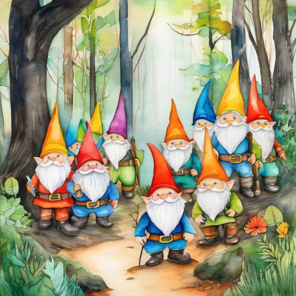 The story begins in a magical forest with four colorful gnomes.