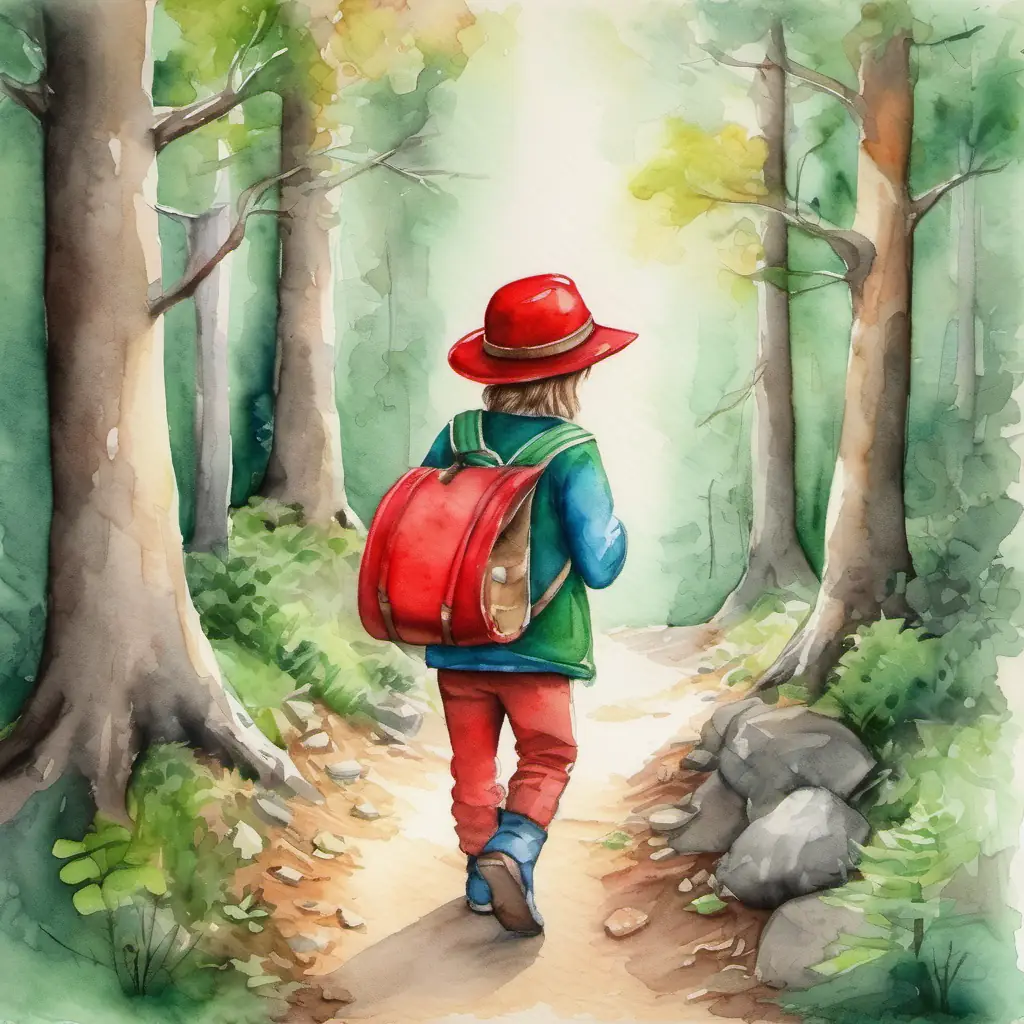 Wears a bright red hat, always the winner takes the lead, while Wears a green hat, enjoys walking alone in the forest and finding treasures gets distracted by treasures.