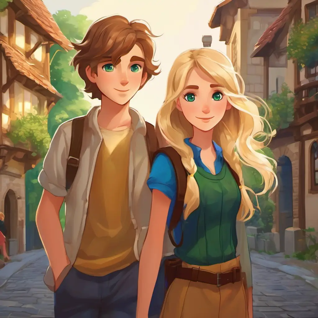 Introducing A boy with brown hair and green eyes and A girl with long blonde hair and blue eyes, a boy with brown hair and green eyes, and a girl with long blonde hair and blue eyes, in their separate towns.