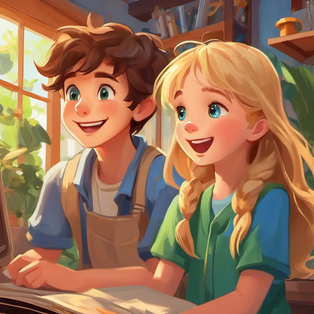 A boy with brown hair and green eyes and A girl with long blonde hair and blue eyes giggling and waving at each other on their screens, surrounded by their favorite things in their rooms.