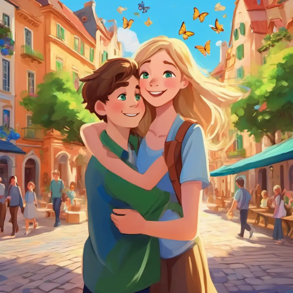 A boy with brown hair and green eyes and A girl with long blonde hair and blue eyes, hugging and laughing in a beautiful town square, surrounded by colorful buildings and fluttering butterflies.