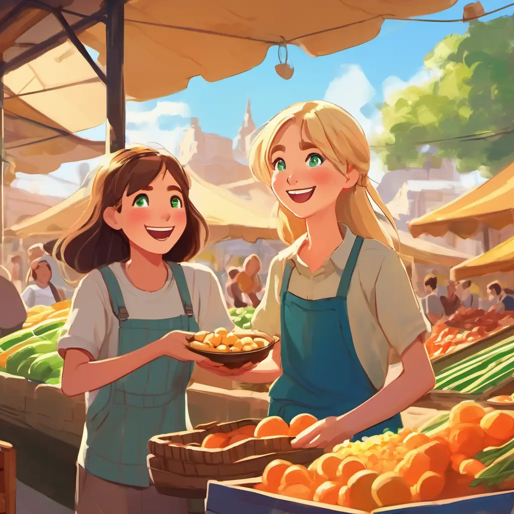 A boy with brown hair and green eyes and A girl with long blonde hair and blue eyes laughing and trying new foods at a bustling market, enjoying each other's company under the warm sun.