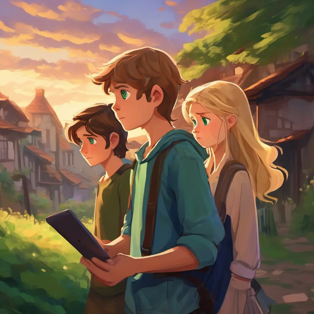 A boy with brown hair and green eyes and A girl with long blonde hair and blue eyes, looking sad and confused in their separate towns, trying to reach each other through their screens but struggling to find the right words.