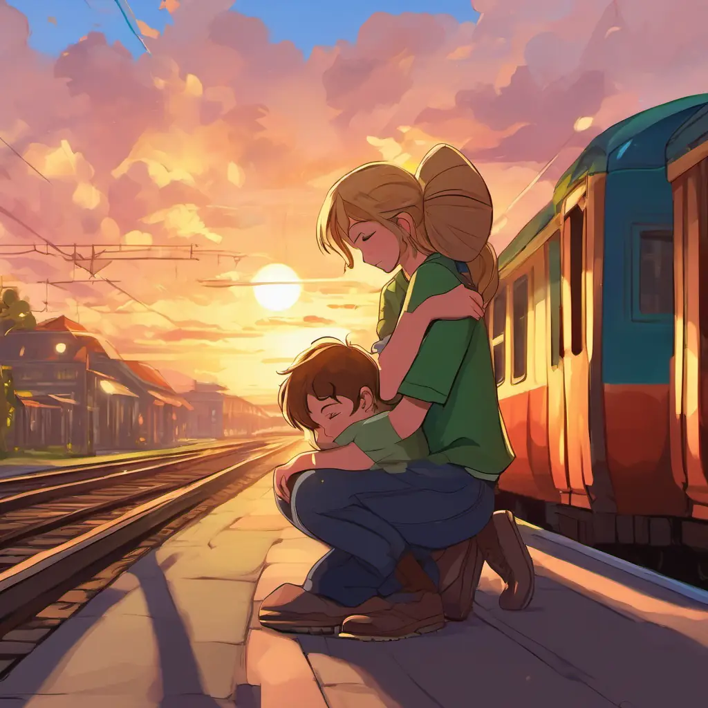 A boy with brown hair and green eyes and A girl with long blonde hair and blue eyes, hugging and wiping away tears at a train station, with a beautiful sunset in the background, their hearts heavy but grateful for the time they had together.