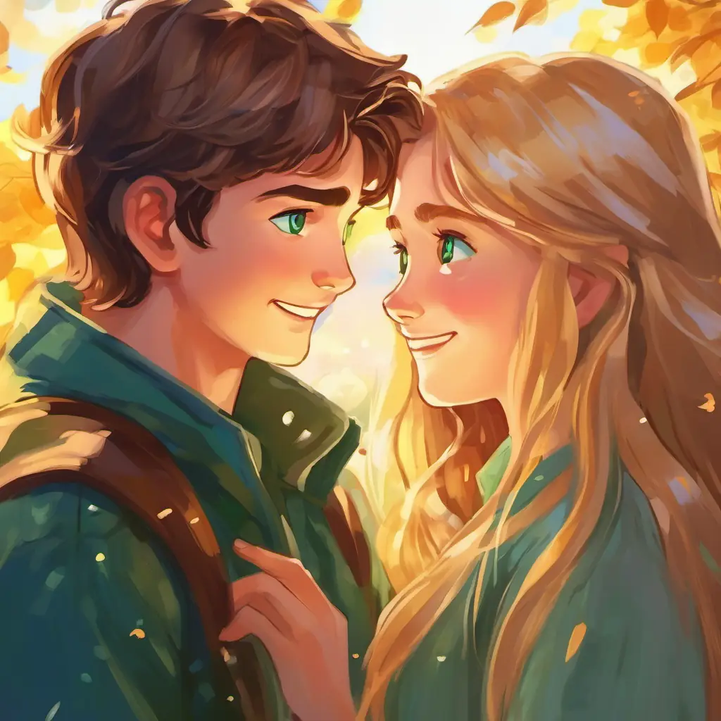 A boy with brown hair and green eyes and A girl with long blonde hair and blue eyes, smiling through the tears, looking at photos and messages that reminded them of the love they had, with a bright future ahead.