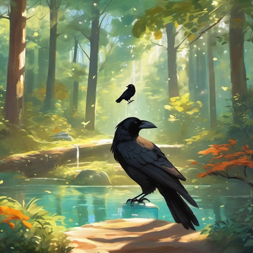 A sunny day in the forest, Clever crow with black feathers and sparkling eyes, full of personality and wit the crow flying high, looking down at a pitcher of water glistening in the sunlight.
