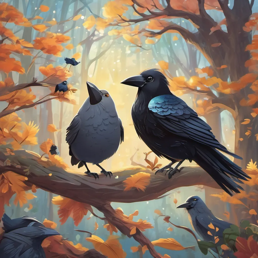 An illustration of Clever crow with black feathers and sparkling eyes, full of personality and wit the crow and her forest friends living happily ever after, reflecting the cheerful and whimsical conclusion.