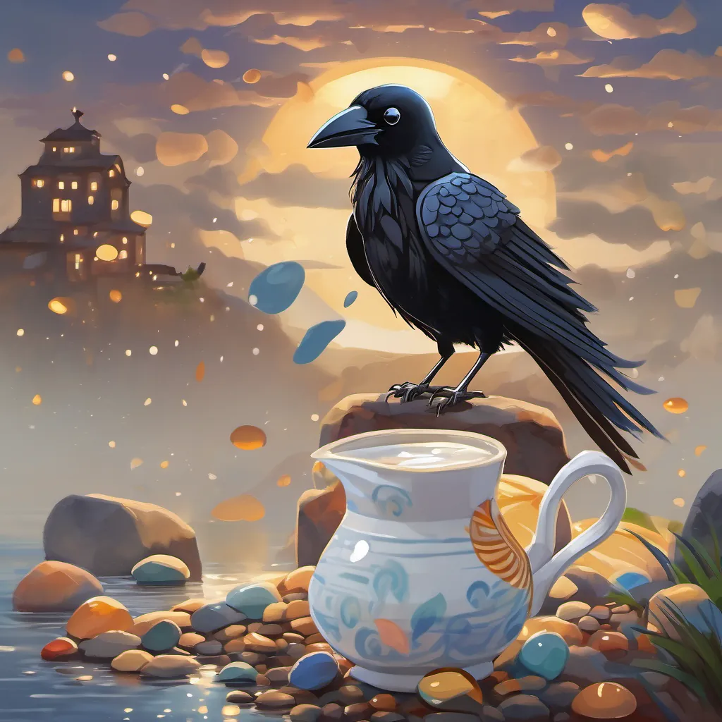 The water level in the pitcher rising as Clever crow with black feathers and sparkling eyes, full of personality and wit drops more pebbles, the crow looking increasingly cheerful.