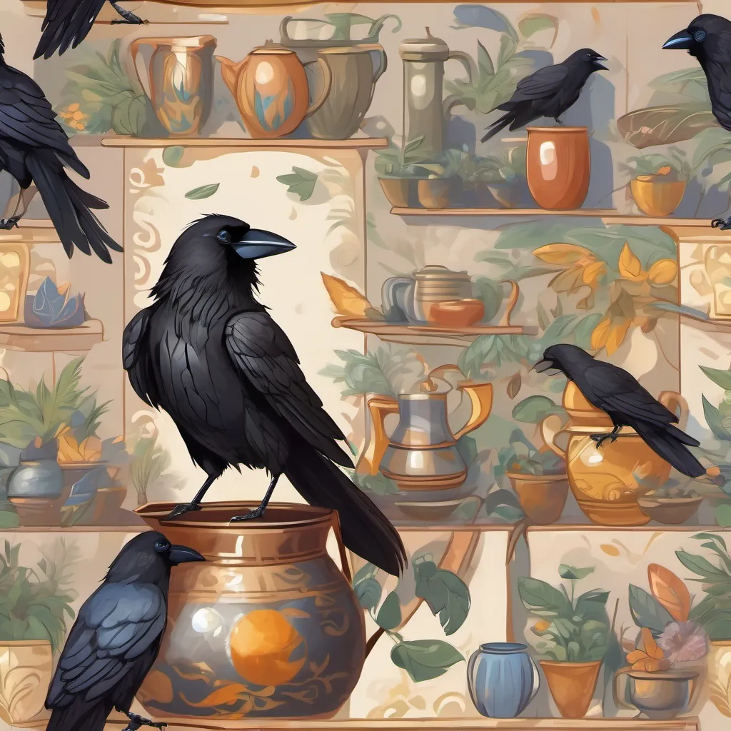 Clever crow with black feathers and sparkling eyes, full of personality and wit the crow drinking happily from the now full pitcher, looking satisfied and proud of her cleverness.