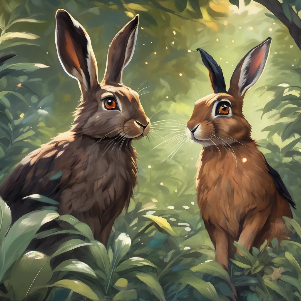 A curious hare with cocoa-brown fur hopping out of the bushes, looking at Clever crow with black feathers and sparkling eyes, full of personality and wit with wide, staring eyes.
